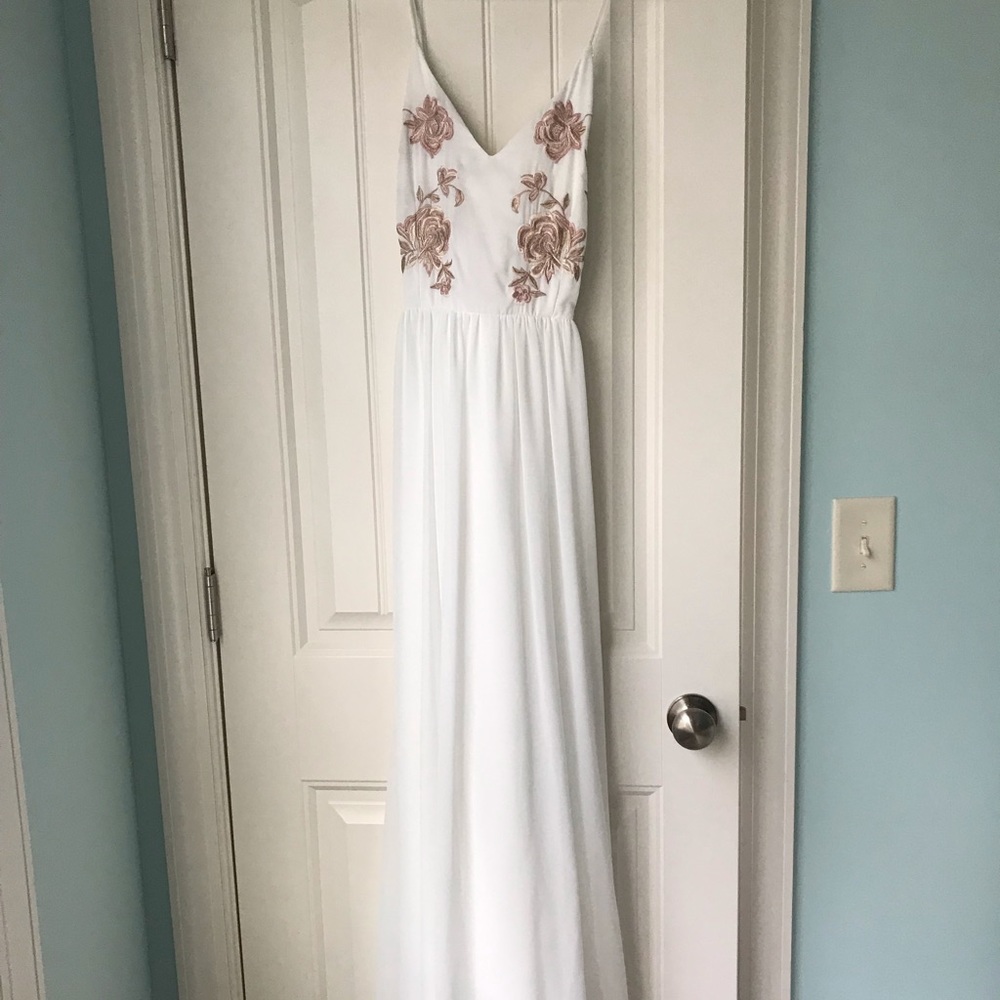 white and floral formal dress